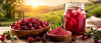This is a picture of a fresh cranberries in wooden bowl next to a bowl of cranberry juice powder next to a delicious glass of cranberry juice in a mason glass jar on a wooden kitchen counter with a sunny grassy area in the background.
