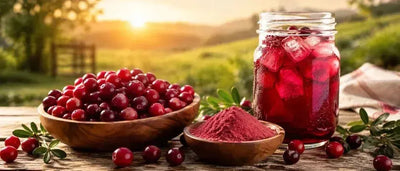 This is a picture of a fresh cranberries in wooden bowl next to a bowl of cranberry juice powder next to a delicious glass of cranberry juice in a mason glass jar on a wooden kitchen counter with a sunny grassy area in the background.