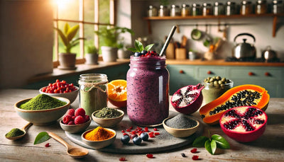 This is a picture of a smoothie on a kitchen counter surrounded by a wide range of superfoods.