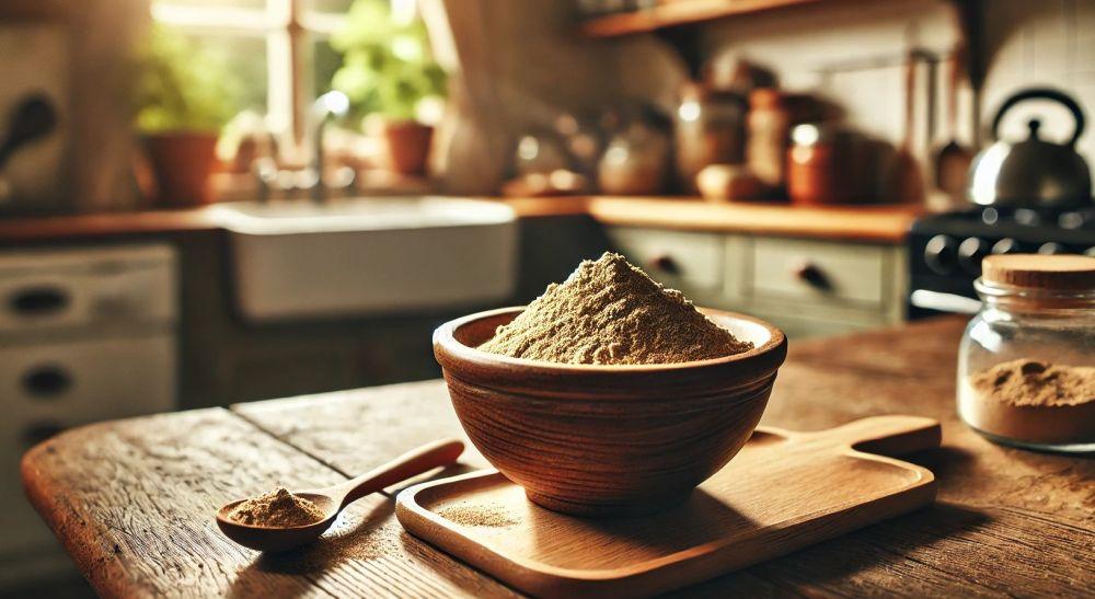 This is a picture of a fresh bowl of maca root powder in a wooden bowl on a kitchen counter next to a window.