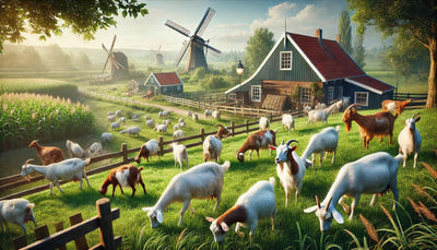 This is a picture of a Dutch goat farm with windmills in the background.