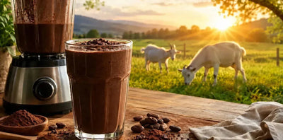 This is a picture of a delicious glass of Chocolate protein shake next to a blender on a wooden kitchen counter with a grassy field, a couple of happy goats grazing and a sunrise in the background.