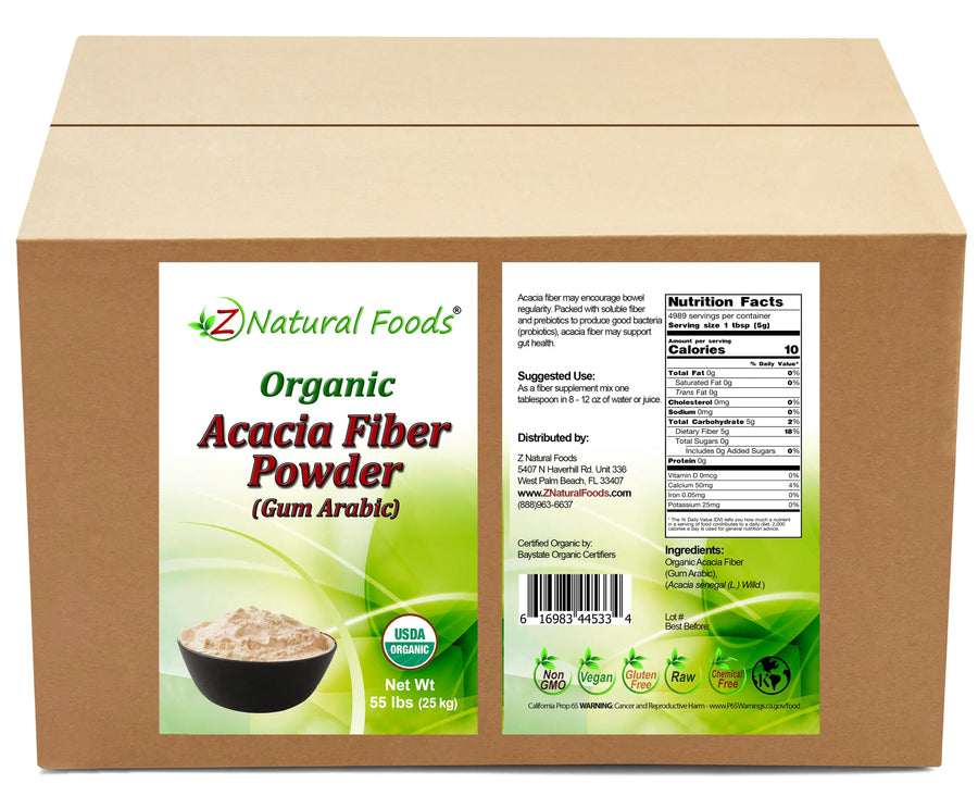 Acacia Fiber (Gum Arabic) Powder - Organic front and back label image in bulk