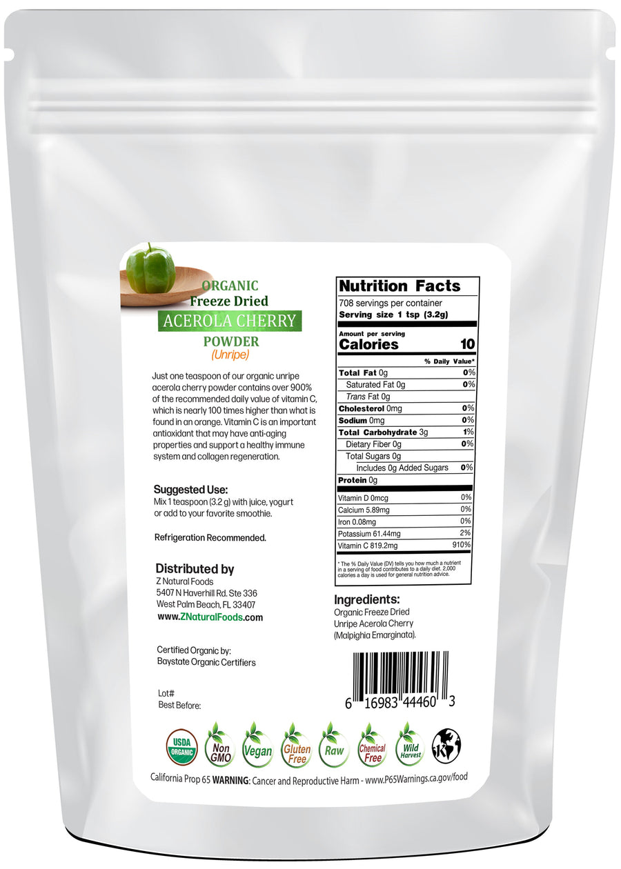 Back of the bag image of Acerola Cherry Unripe Powder - Organic Freeze Dried from Z Natural Foods 5 lb