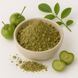 Image of Unripe Acerola Cherry powder in a white bowl surrounded by fresh unripe acerolas