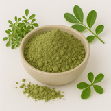Image of Alfalfa Leaf powder in a white bowl surrounded by fresh alfalfa leaves