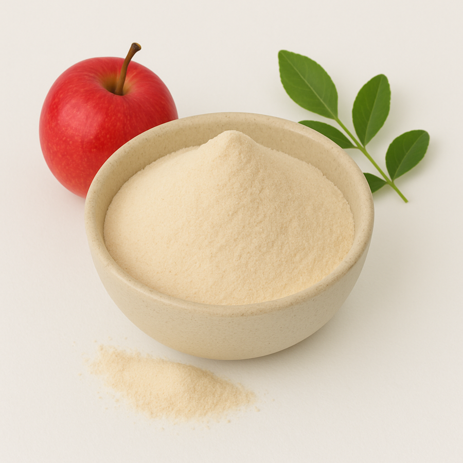 Image a apple juice powder in a white bowl with a fresh apple and leaves around it