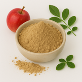 Image a apple powder in a white bowl with a fresh apple and leaves around it