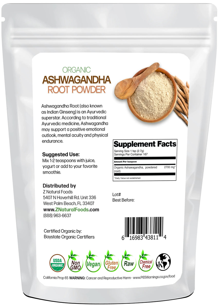 Ashwagandha Root Powder - Organic back of the bag image  1 lb