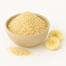 bowl image of organic banana flakes mounded in beige bowl
