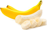 Image of peeled Banana in slices and 2 whole yellow bananas.