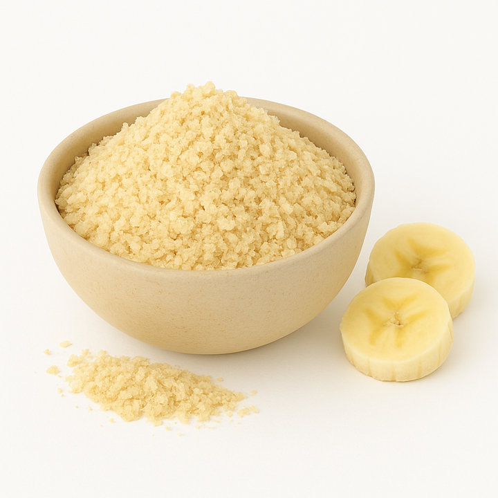 bowl image of organic banana flakes mounded in beige bowl
