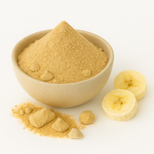 Bowl of organic banana powder on a white background.