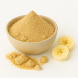 Bowl of organic banana powder on a white background.