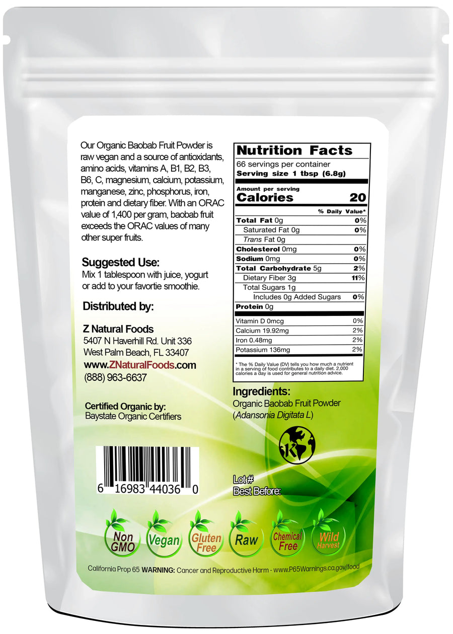 Photo of back of 1 lb bag of Baobab Fruit Powder - Organic