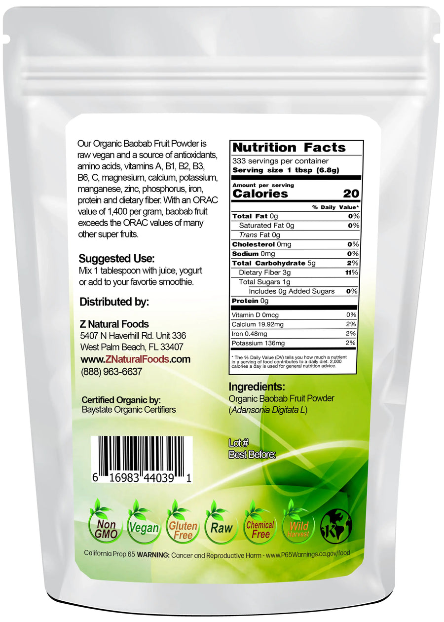 Photo of back of 5 lb bag of Baobab Fruit Powder - Organic