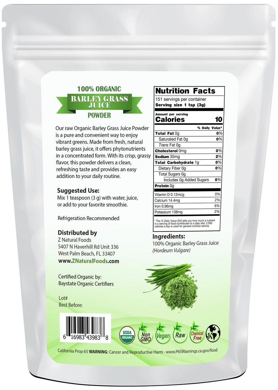Barley Grass Juice Powder - Organic back of the bag image 1 lb