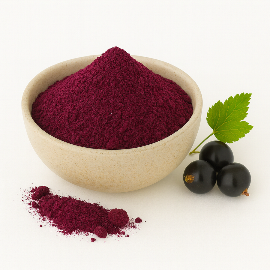Bowl of organic black currant juice powder on a white background.