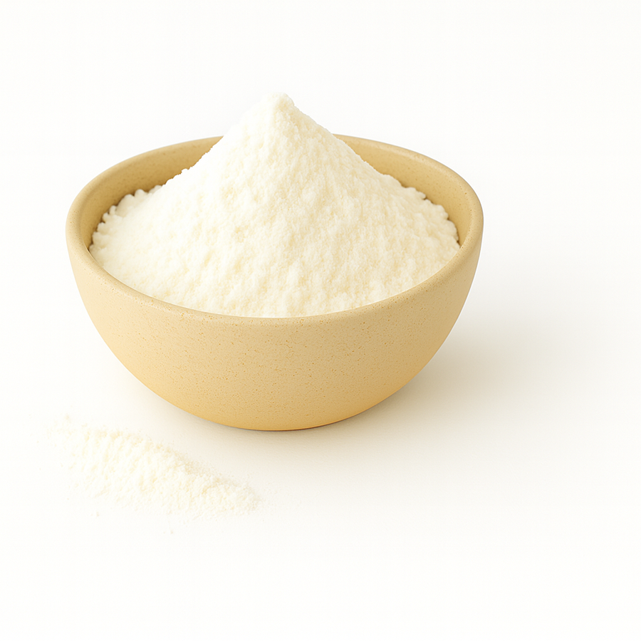 A beige bowl filled with fine white butter powder on a clean white background, with a small amount of powder spilled beside it.
