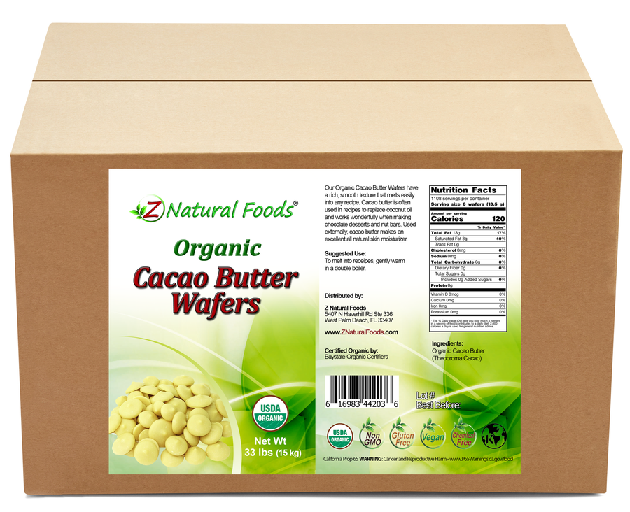 Cacao Butter Wafers - Organic front and back label image for bulk