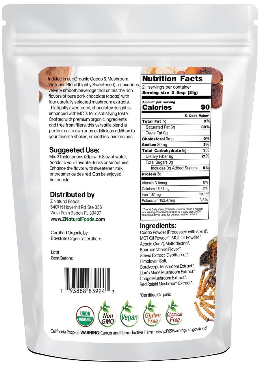 Back of the bag image for Cacao & Mushroom Wellness Blend - Lightly sweetened - Organic 1 lb