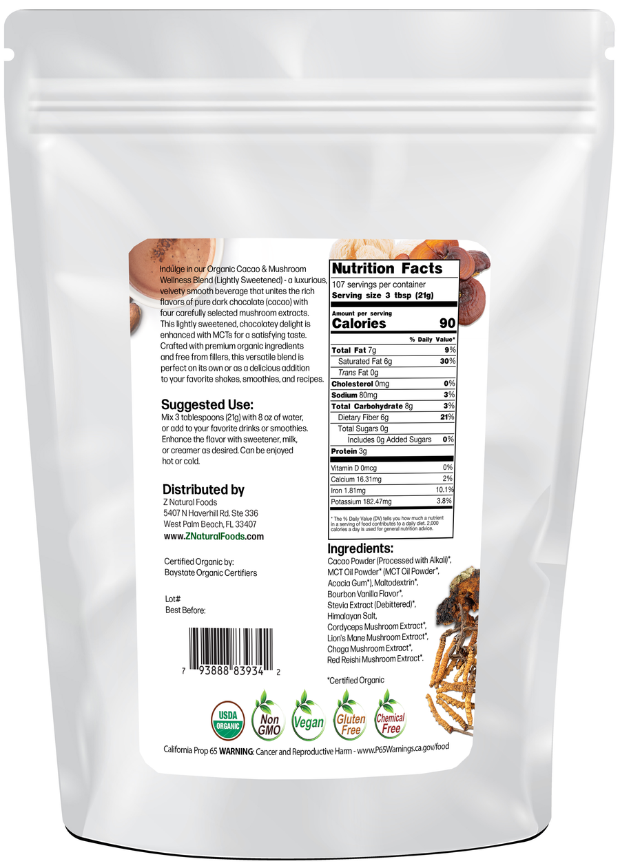 Back of the bag image for Cacao & Mushroom Wellness Blend - Lightly sweetened - Organic 5 lb