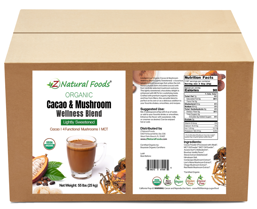 Front and back label image for Cacao & Mushroom Wellness Blend - Lightly sweetened - Organic in bulk