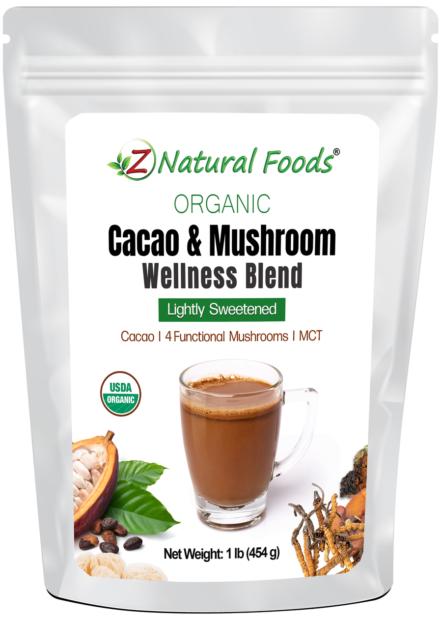 Front of the bag image for Cacao & Mushroom Wellness Blend - Lightly sweetened - Organic 1 lb