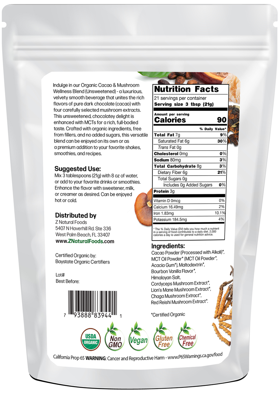 Cacao & Mushroom Wellness Blend Unsweetened - Organic back of the bag image 1 lb