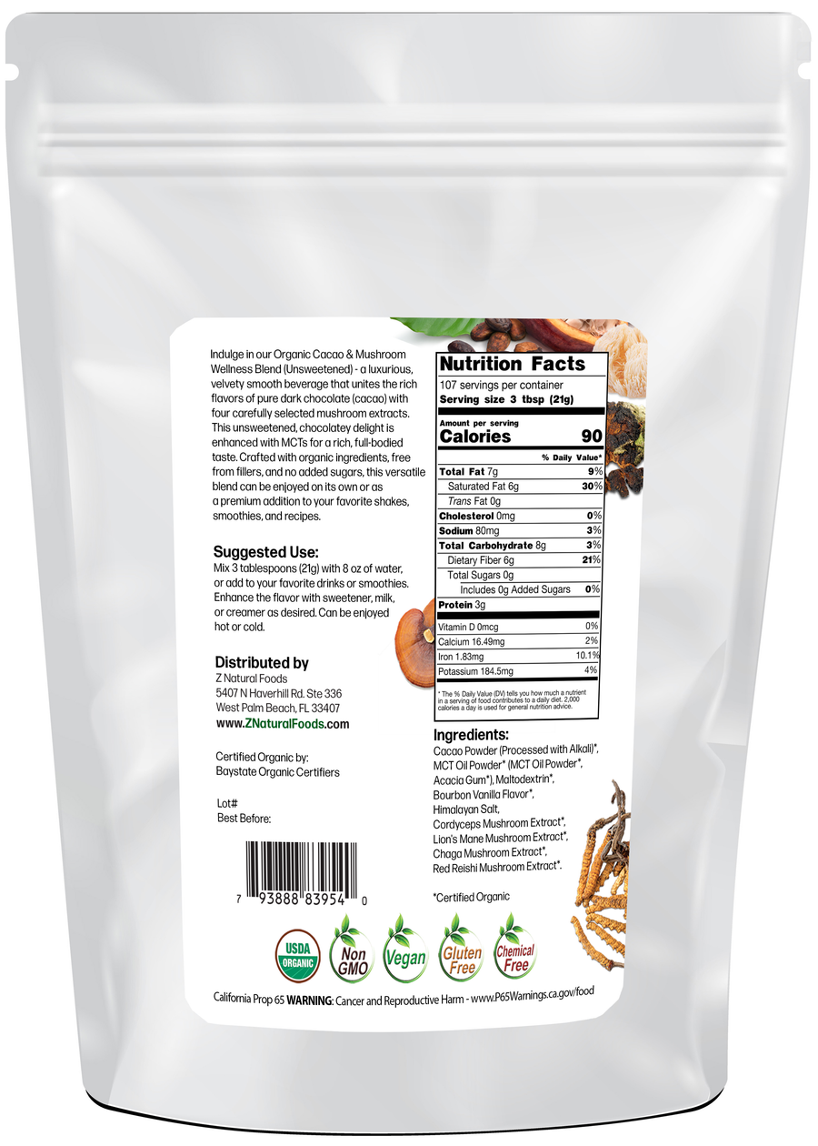 Cacao & Mushroom Wellness Blend Unsweetened - Organic back of the bag image 5 lb