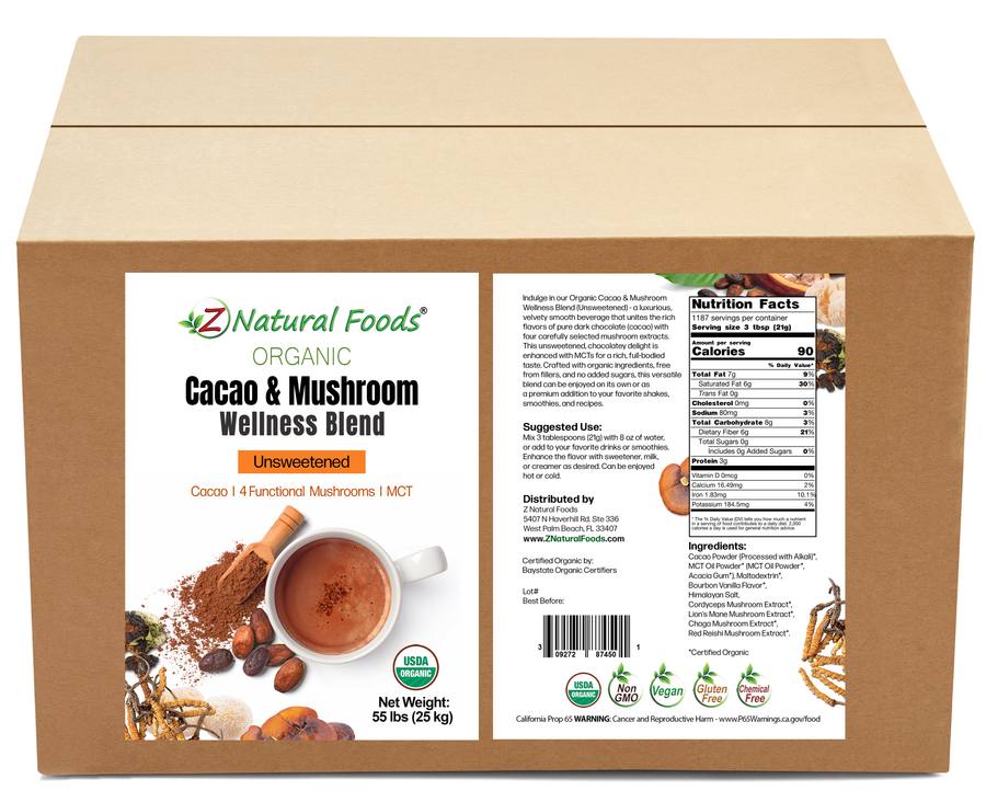 Cacao & Mushroom Wellness Blend Unsweetened - Organic front and back label image for bulk