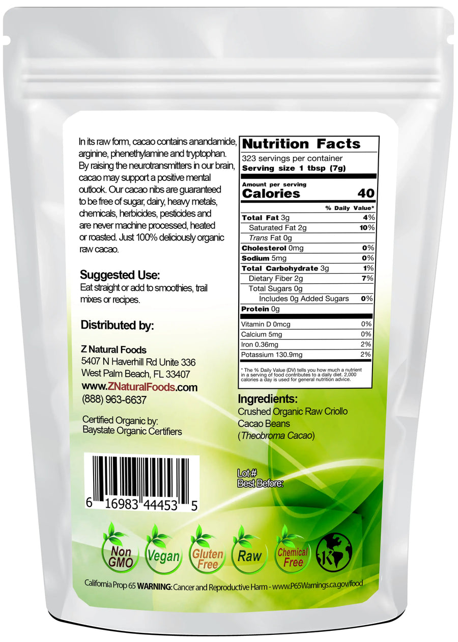 Organic Cacao nibs back of the bag image 5 lb