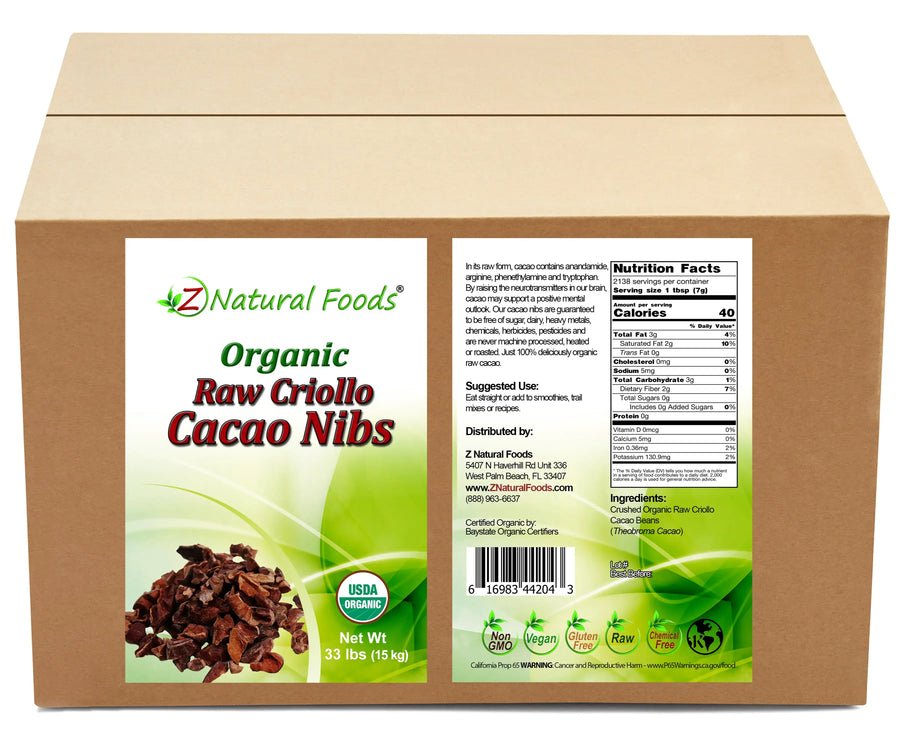 Organic Cacao nibs front and back label image in bulk