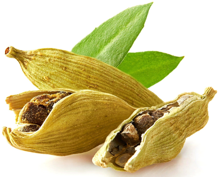 Image of three Cardamom Seed pods, two slightly opened showing seeds inside.