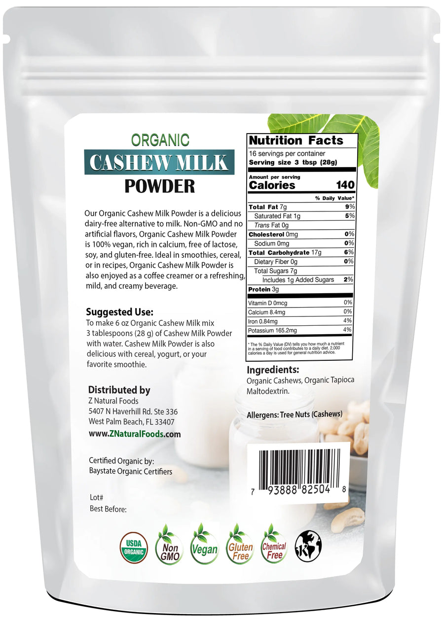 Photo of rear of 1 lb bag of Cashew Milk Powder - Organic