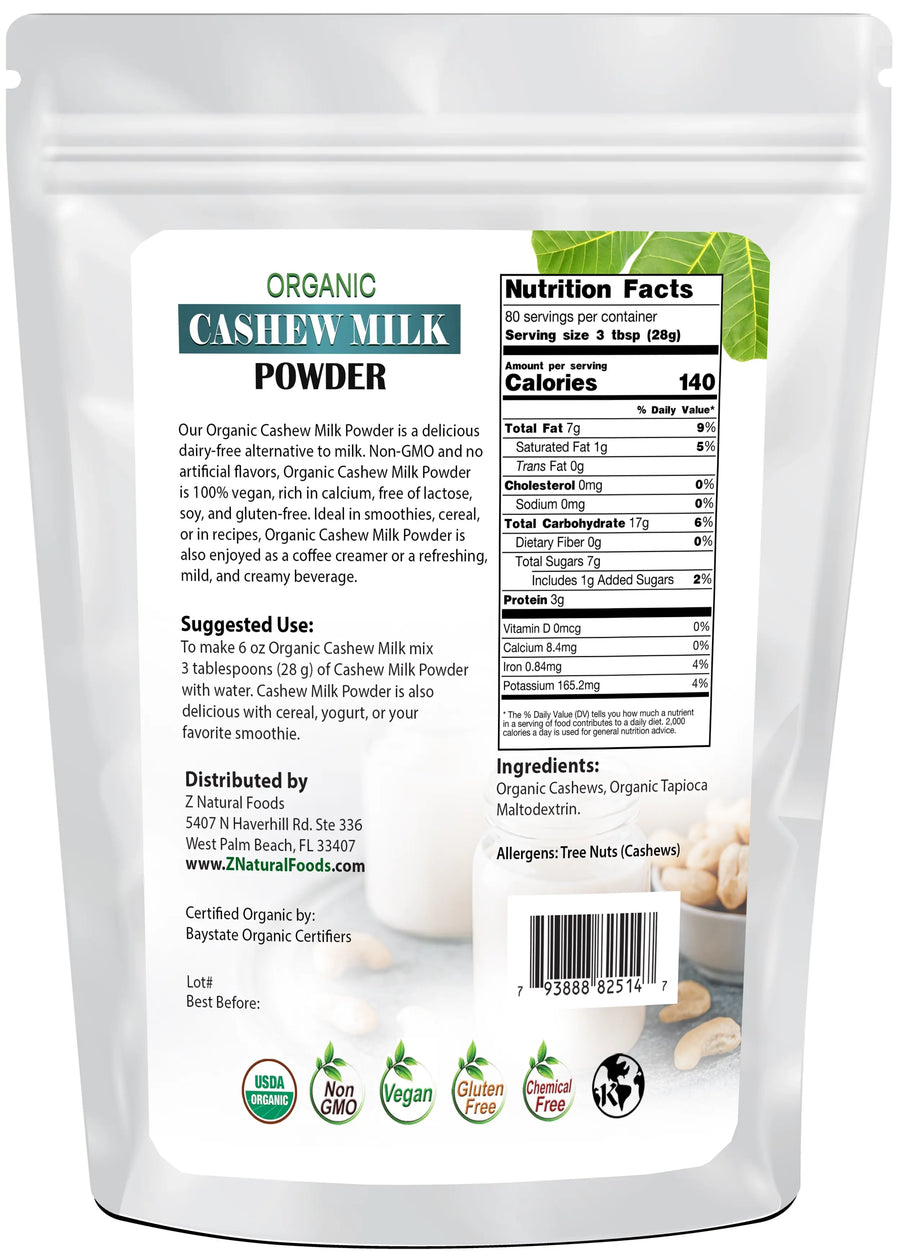 Photo of rear of 5 lb bag of Cashew Milk Powder - Organic