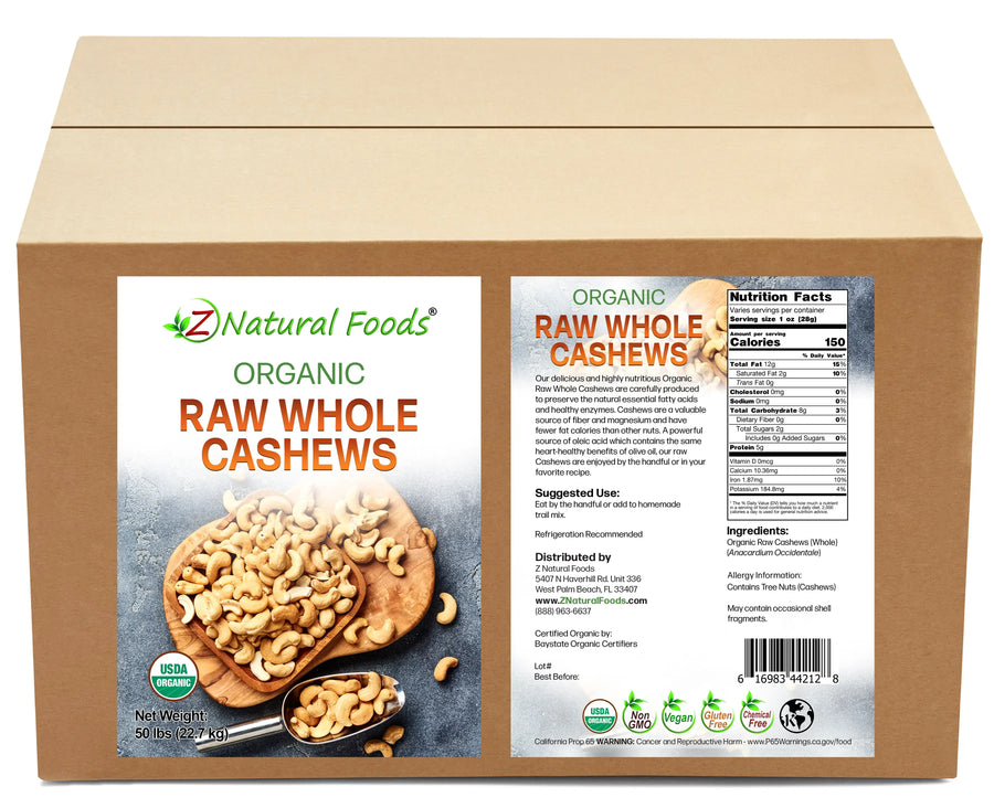 Cashews - Organic, Whole, Raw front and back label image in bulk