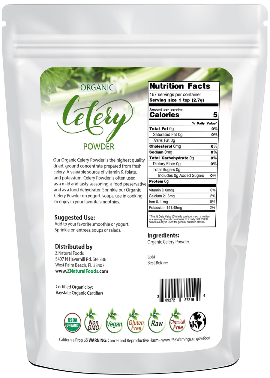 Image of back of 1 lb bag of Celery Powder - Organic