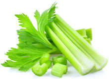 Image of Celery, its leaves and pieces of cut up celery