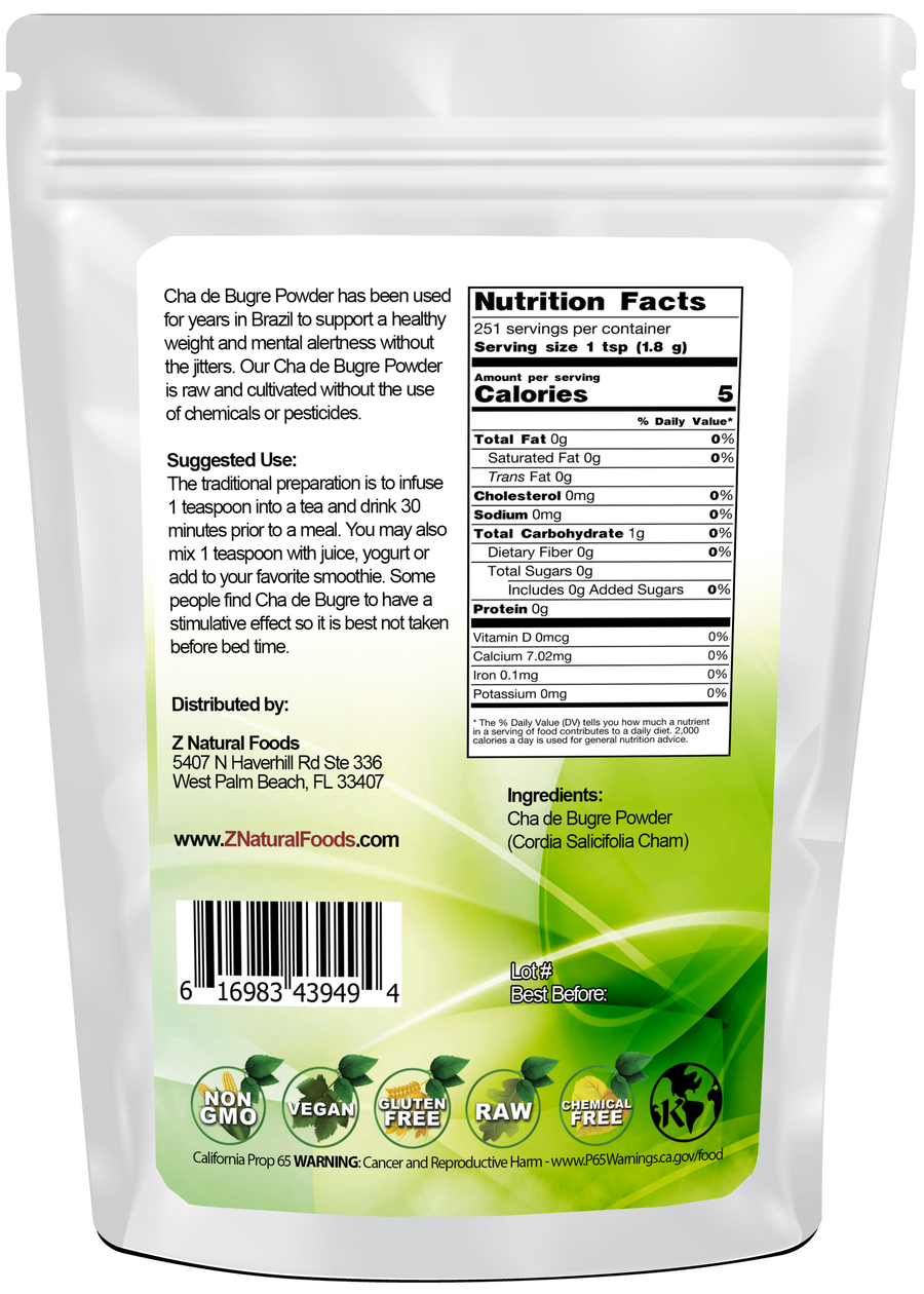 Cha de Bugre Leaf Powder back of the bag image 1 lb 