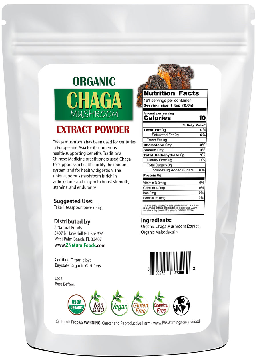 1 lb back of the bag image for Chaga Mushroom Extract Powder - Organic