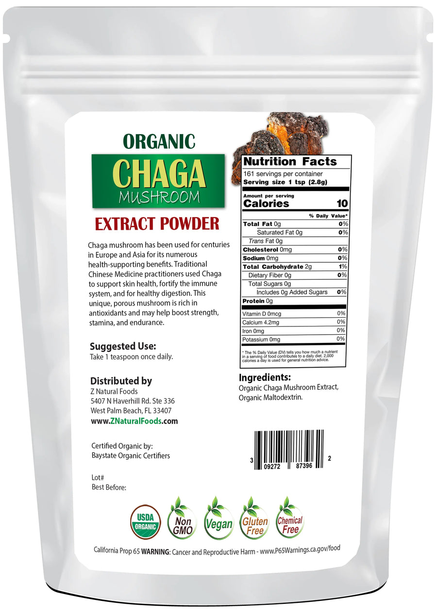 1 lb back of the bag image for Chaga Mushroom Extract Powder - Organic