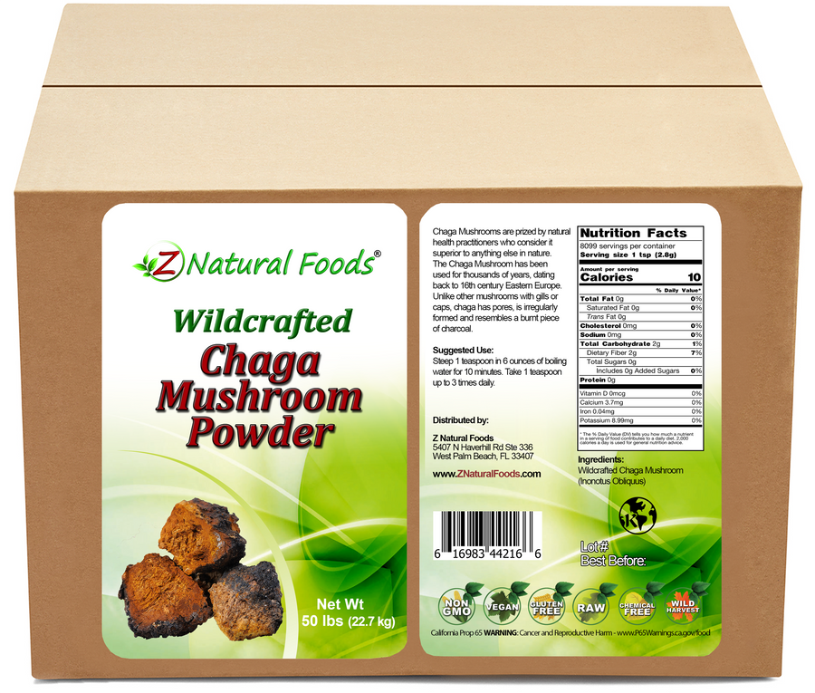 Wildcrafted Chaga Mushroom powder front and back label image for bulk