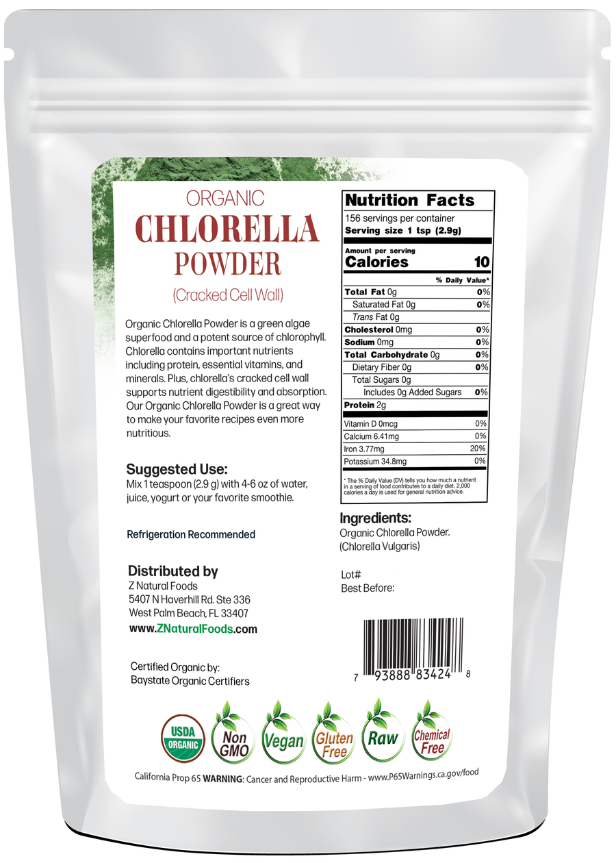 Back of the bag image for 1lb of Organic Chlorella Powder Cracked Cell Wall