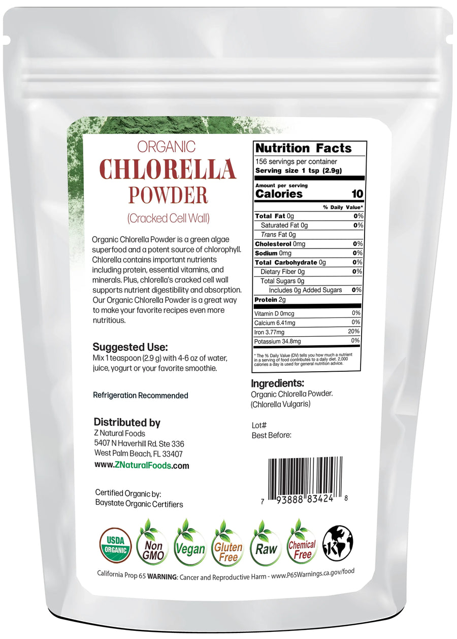 Back of the bag image for 1lb of Organic Chlorella Powder Cracked Cell Wall