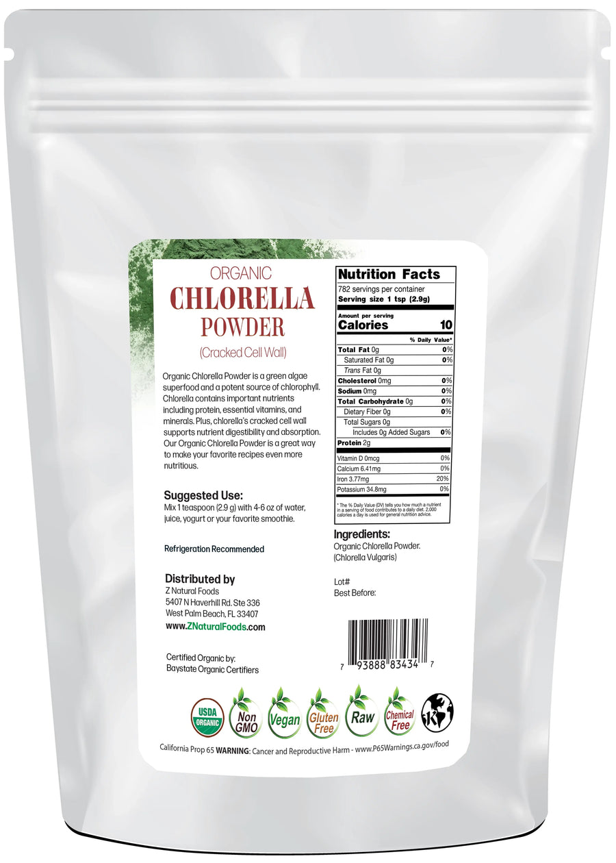 Back of the bag image for 5 lb of Organic Chlorella Powder Cracked Cell Wall