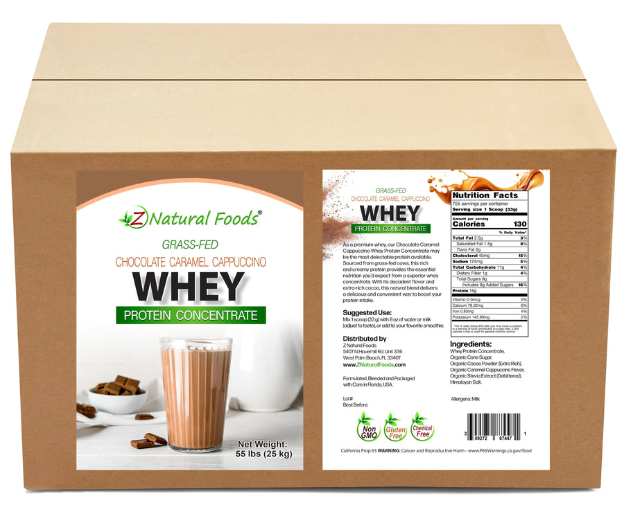 Chocolate Caramel Cappuccino Whey Concentrate front and back label image in bulk