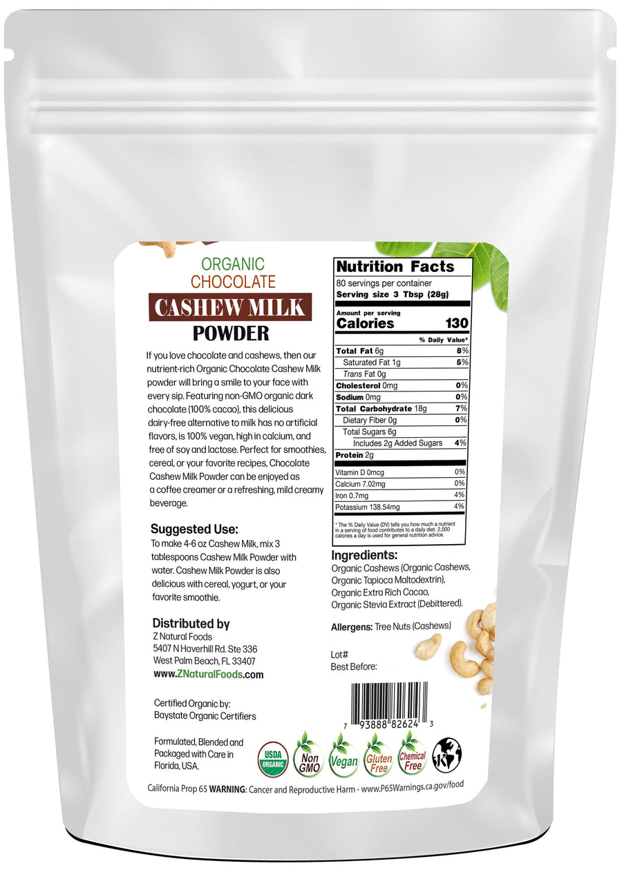 5 lb Chocolate Cashew Milk Powder - Organic back of the bag image