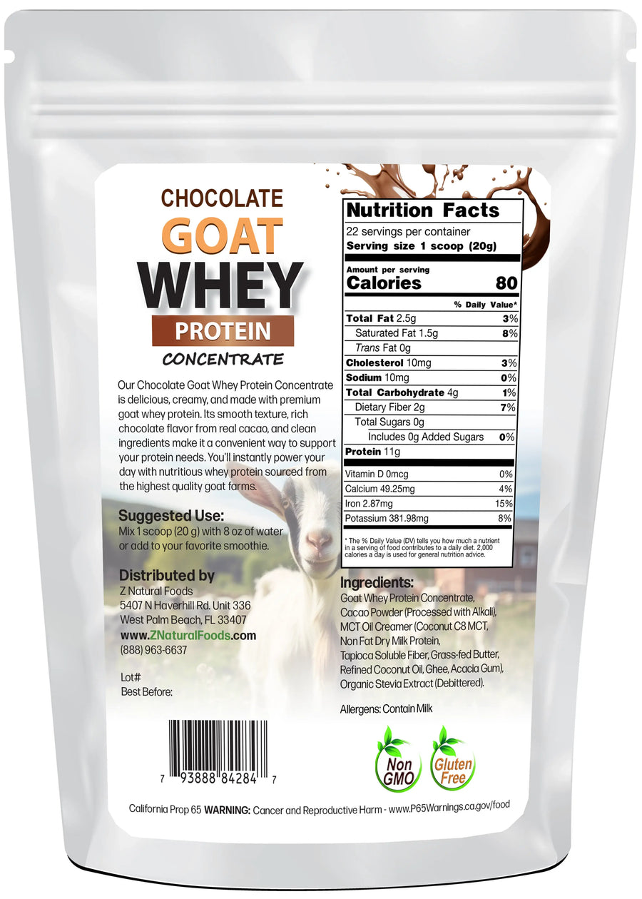 Back of the bag image for Chocolate Goat Whey protein concentrate in 1 lb