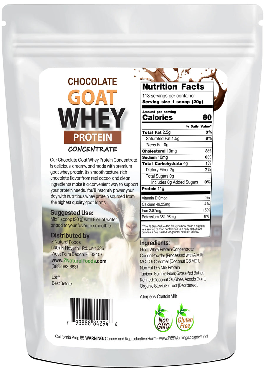 Back of the bag image for Chocolate Goat Whey protein concentrate in 5 lb